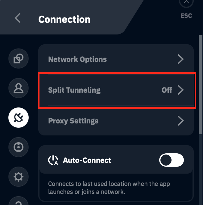 Split Tunneling button location