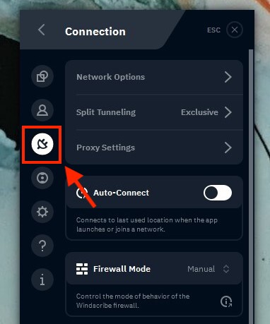 Connection tab/sub menu location