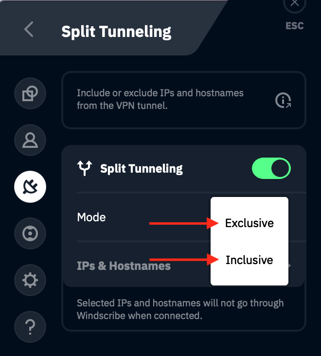 Split Tunnel mode selection