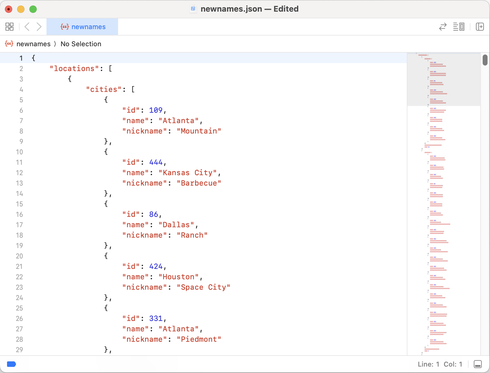 Text editor window open with location list