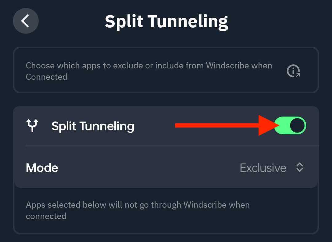 Split Tunnel toggle on switch