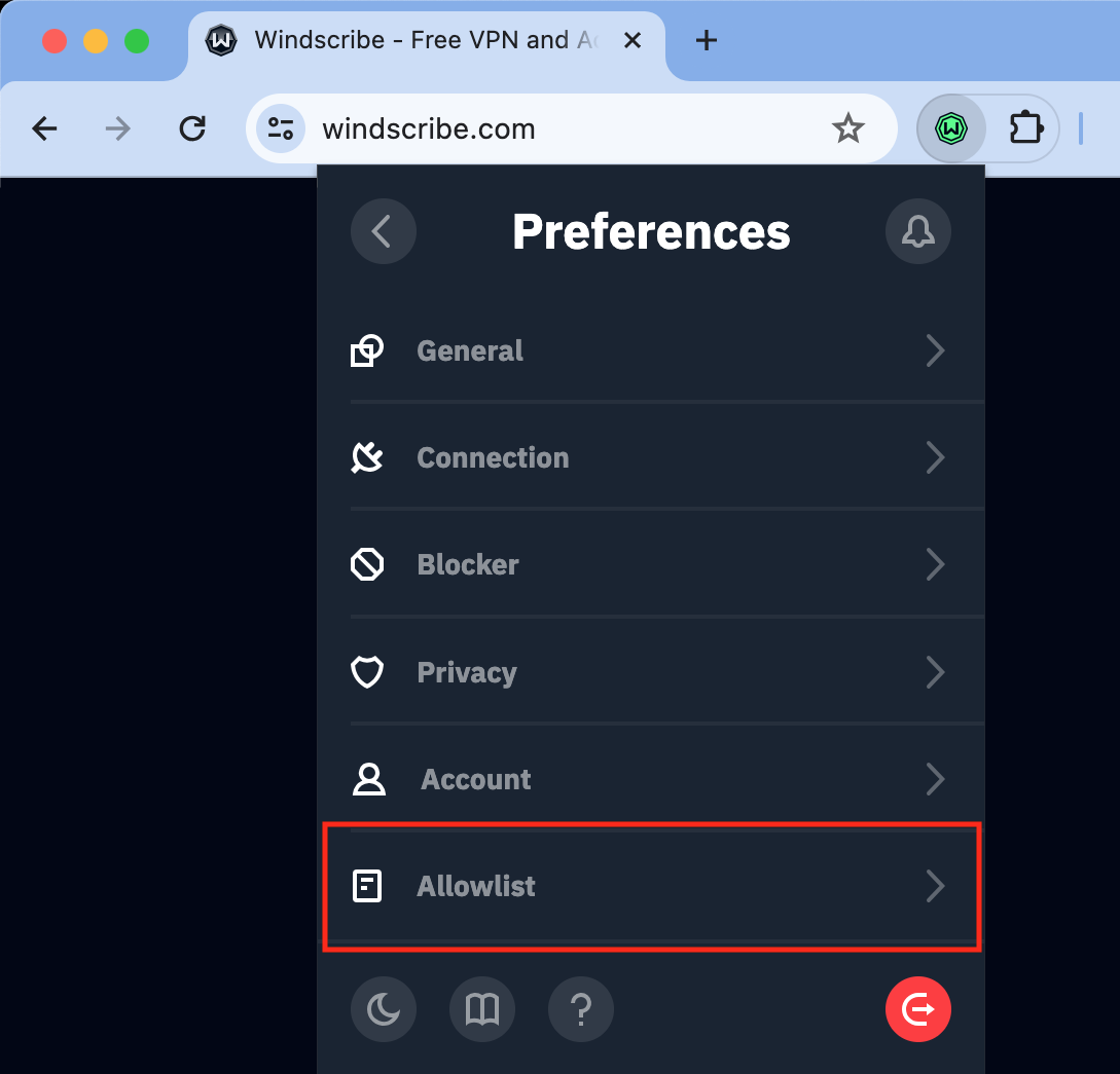 Windscribe Extension Allowlist button location