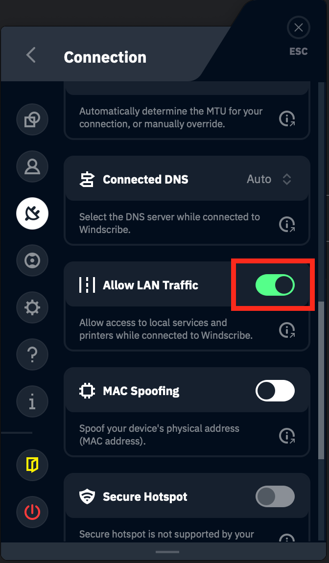 Allow LAN Traffic toggled ON