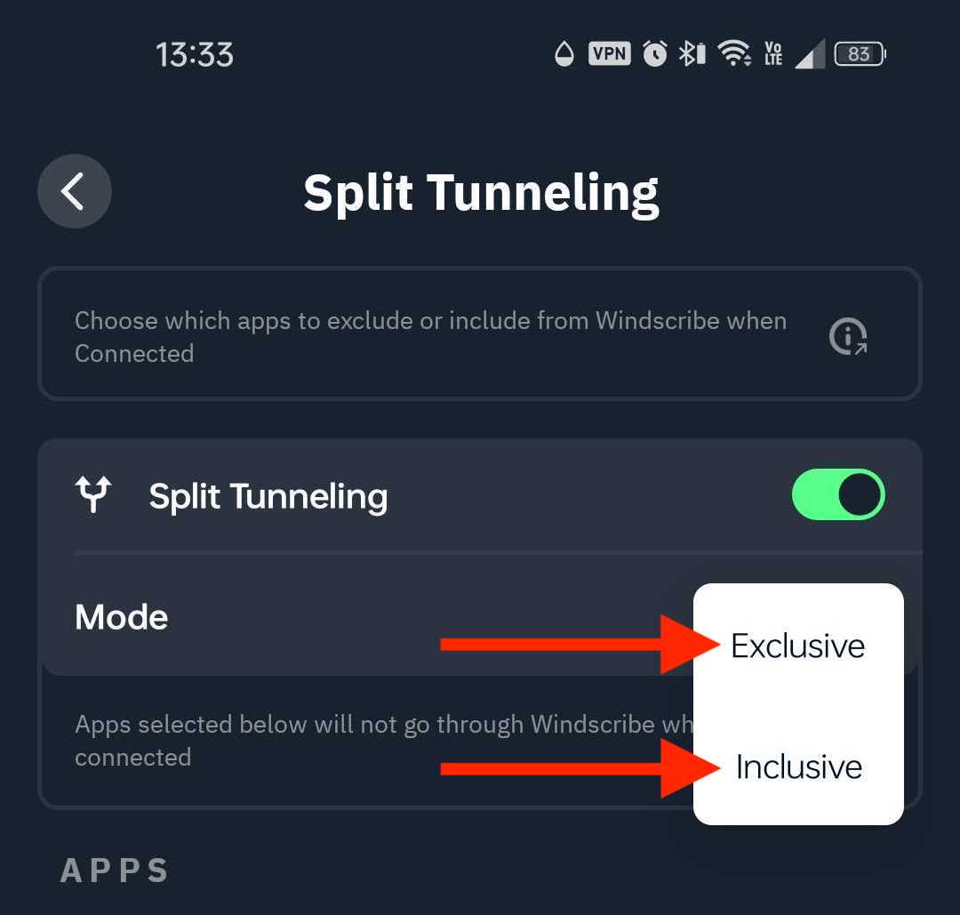 Split Tunnel mode selection box