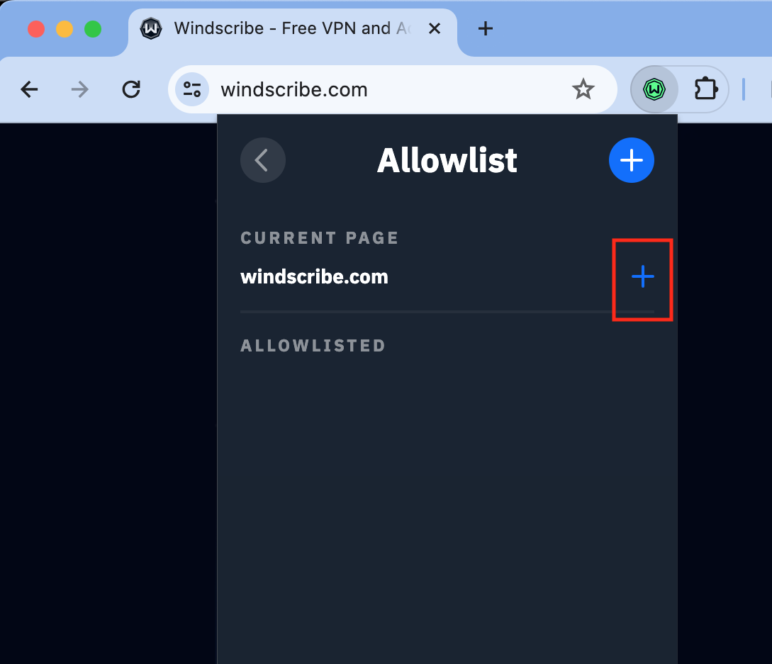 Windscribe extension Allowlist location step 2